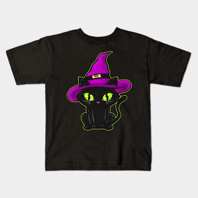 Cute Black Cat With Witch Hat For Halloween Kids T-Shirt by SinBle